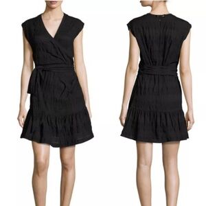 Veronica Beard Black Shadow Extended Shoulder Wrap Shirred Cotton Dress